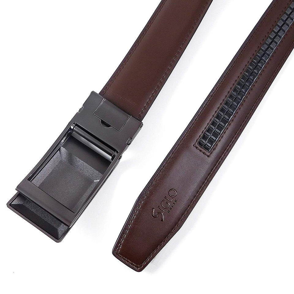 SIGLO® Cinturón para Hombres de Piel con Hebilla Automática – Diseño sin Agujeros – Cinturón de Clic Ajustable – Se adapta a tamaños 30-44 – Corte a su Ajuste Exacto – Correa Café y Hebilla Plateada
