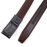 SIGLO® Cinturón para Hombres de Piel con Hebilla Automática – Diseño sin Agujeros – Cinturón de Clic Ajustable – Se adapta a tamaños 30-44 – Corte a su Ajuste Exacto – Correa Café y Hebilla Plateada