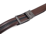 SIGLO® Cinturón para Hombres de Piel con Hebilla Automática – Diseño sin Agujeros – Cinturón de Clic Ajustable – Se adapta a tamaños 30-44 – Corte a su Ajuste Exacto – Correa Café y Hebilla Plateada