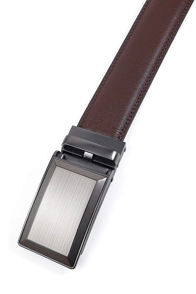 SIGLO® Cinturón para Hombres de Piel con Hebilla Automática – Diseño sin Agujeros – Cinturón de Clic Ajustable – Se adapta a tamaños 30-44 – Corte a su Ajuste Exacto – Correa Café y Hebilla Plateada
