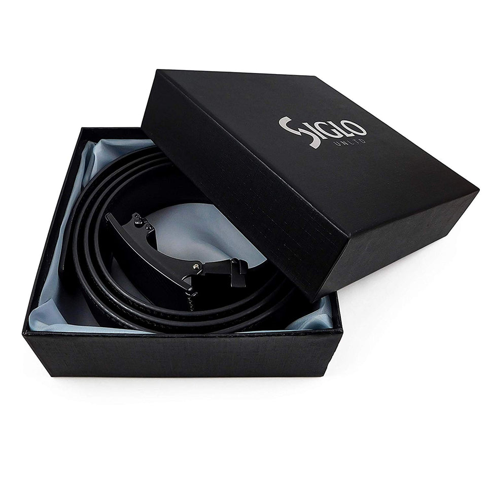 SIGLO® Cinturón para Hombres de Piel con Hebilla Automática – Diseño sin Agujeros – Cinturón de Clic Ajustable – Se adapta a tamaños 30-44 – Corte a su Ajuste Exacto – Correa Negra