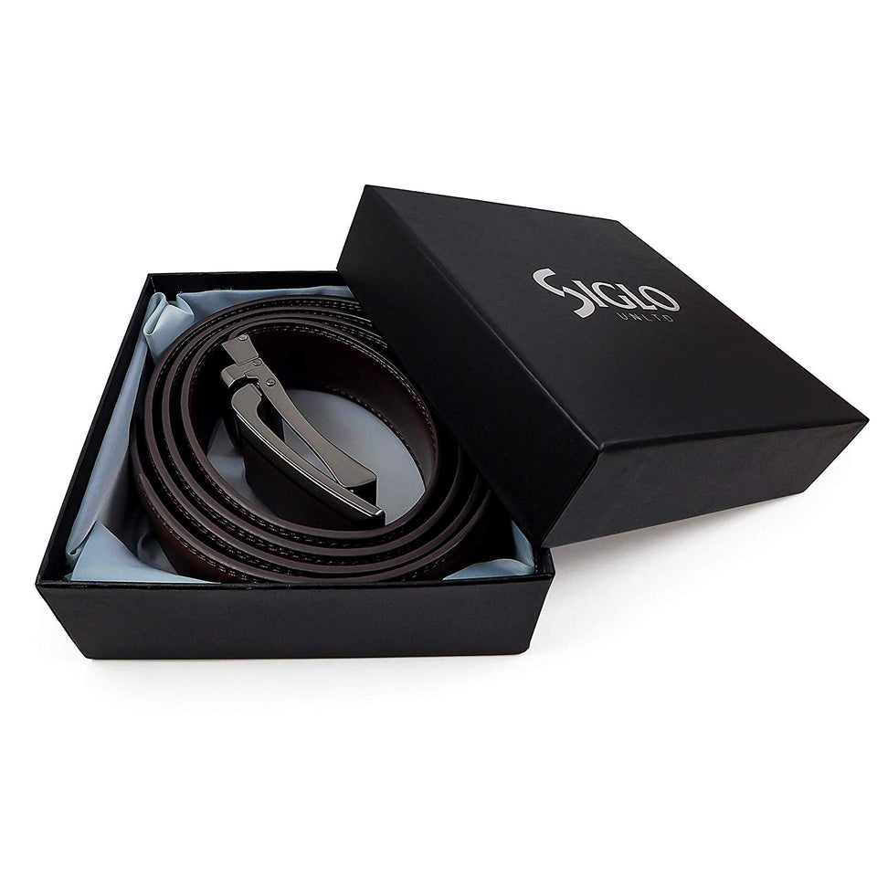 SIGLO® Cinturón para Hombres de Piel con Hebilla Automática – Diseño sin Agujeros – Cinturón de Clic Ajustable – Se adapta a tamaños 30-44 – Corte a su Ajuste Exacto – Correa Café y Hebilla Plateada
