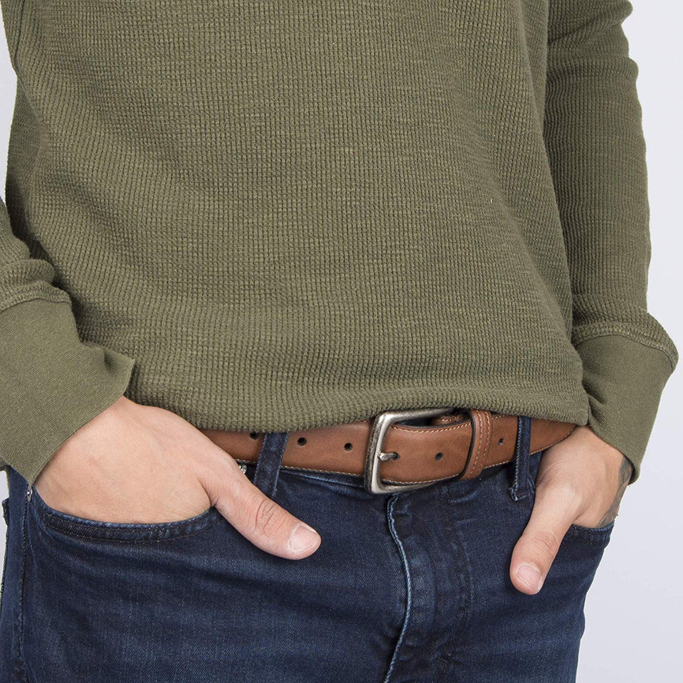 Columbia Cinturón de piel para hombre, estilo Trinity para vaqueros, caqui, vestido, correa de piel, hebilla plateada