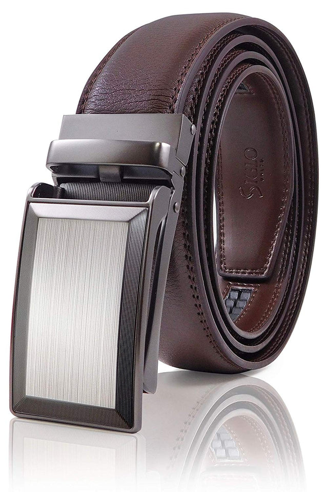 SIGLO® Cinturón para Hombres de Piel con Hebilla Automática – Diseño sin Agujeros – Cinturón de Clic Ajustable – Se adapta a tamaños 30-44 – Corte a su Ajuste Exacto – Correa Café y Hebilla Plateada