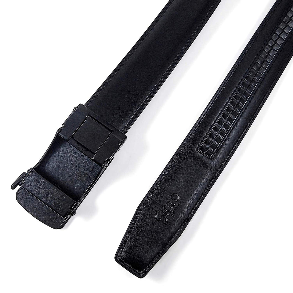 SIGLO® Cinturón para Hombres de Piel con Hebilla Automática – Diseño sin Agujeros – Cinturón de Clic Ajustable – Se adapta a tamaños 30-44 – Corte a su Ajuste Exacto – Correa Negra